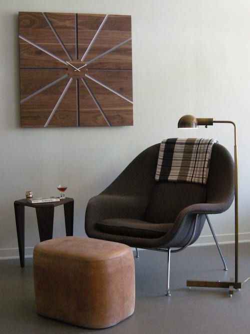 Custom Wall Clock, Leather Ottoman, and Side Table | Decorative Objects by Jason Lees Design