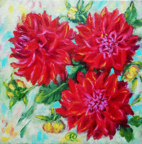 Dahlias flowers painting on canvas, Original red flowers art | Oil And Acrylic Painting in Paintings by Iryna Fedarava