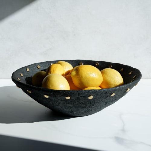 Low Wabi Sabi Bowl in Carbon Black Concrete and Brass | Decorative Objects by Carolyn Powers Designs