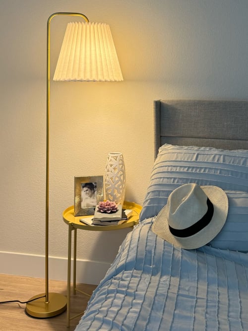 Gold floor lamp with a pleated empire lampshade, stand light | Lamps by Studio Pleat