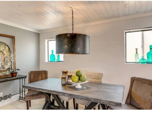 Rustic 24" drum pendant with accent rivets aged steel | Chandeliers by Lakehouse Lighting