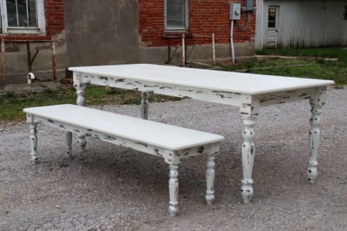 White Farmhouse Dining Table & Bench with Distressed Legs | Tables by Hazel Oak Farms