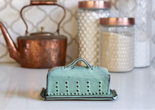 Covered Butter Dish with Handle in Aqua Mist | Tableware by Back Bay Pottery | Private Residence in Baywood-Los Osos