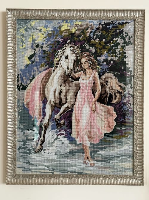 Framed Woman Walking Horse Aquarella Needlepoint | Embroidery in Wall Hangings by Hiraeth Ceramics
