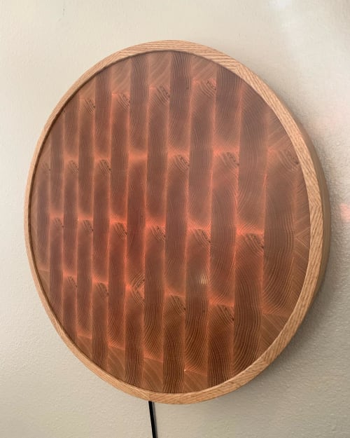 Red Oak End Grain Mosaic in a round steam bent oak frame | Art & Wall Decor by SHKHenson