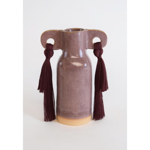 Handmade Ceramic Vase #606 in Burgundy with Cotton Fringe | Vases & Vessels by Karen Gayle Tinney