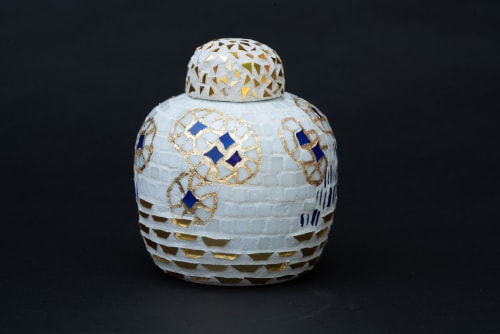 Blue and White lidded jar | Vessels & Containers by Sarah Wandrey Mosaics