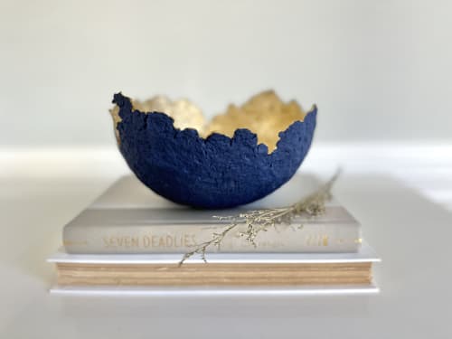 Navy and Gold Eggshell Bowl Paper Mache Material | Decorative Objects by TM Olson Collection