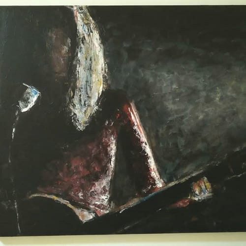 Elizabeth playing a guitar | Paintings by Ofer Hod