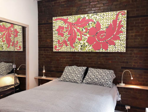 Pink floral patterns on chartreuse green motifs | Mixed Media by Margaret Lanzetta