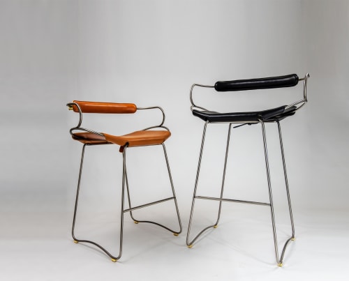 ¨Hug¨Kitchen Counter Stool w/backrest Metal&Natual Leather | Chairs by Jover + Valls