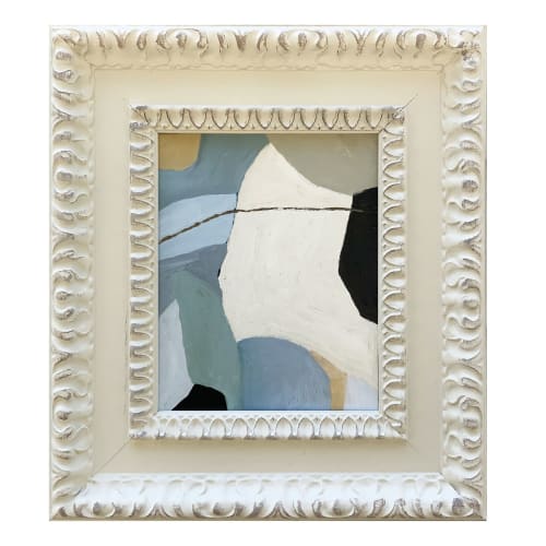 Blue and White Abstract Oil Painting II in Vintage Frame | Paintings by Suzanne Nicoll Studio