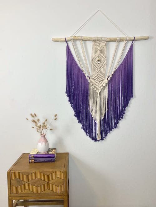 Dip Dyed Purple Macramé Wall Hanging with Crystal Quartz | Macrame Wall Hanging by Cosmic String Fiber Art