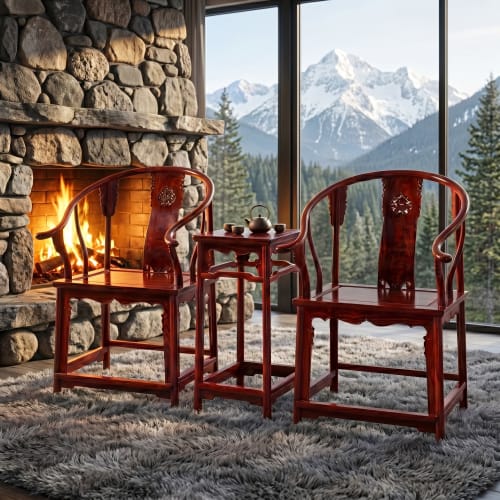 Ming Imperial Horseshoe Armchair Trio Set with Kylin Relief | Chairs by Dynasty Artisan