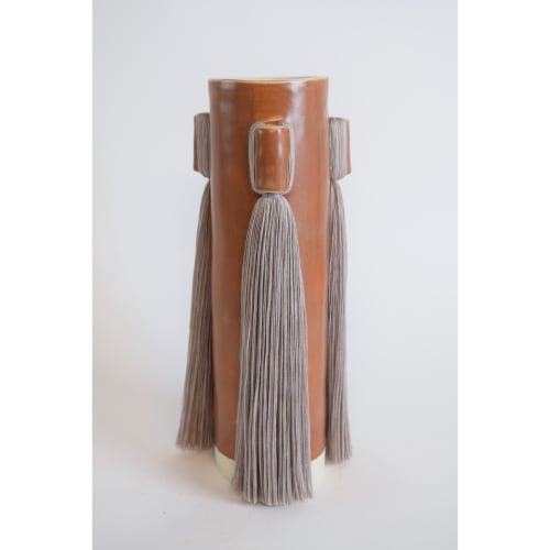 Handmade Ceramic Vase #607 in Brown with Gray Cotton Fringe | Vases & Vessels by Karen Gayle Tinney