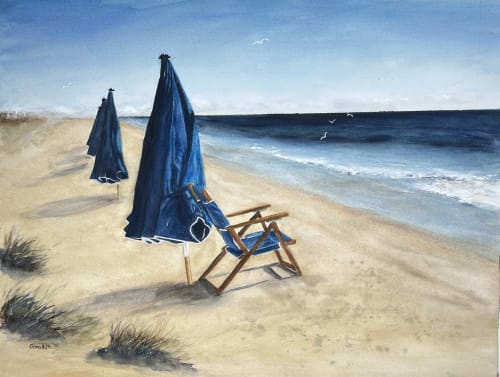 Beach with Blue Umbrellas | Watercolor Painting in Paintings by Gina Huitt Fine Art