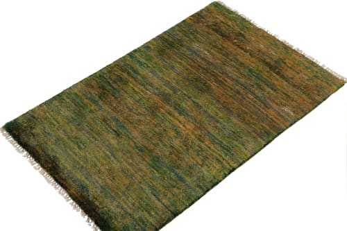 Hand-Knotted Contemporary Rug in Straited Green & Gold | Rugs by Rug and Kilim