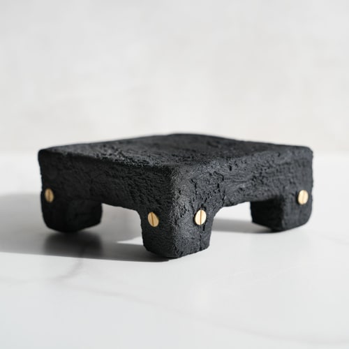 Small Shelf Riser in Carbon Black Concrete with Brass Rivets | Decorative Objects by Carolyn Powers Designs