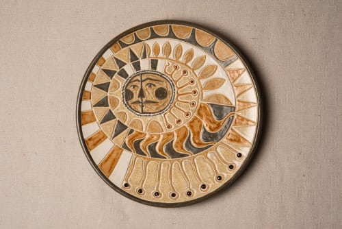 Mayan Sun 15" Handcarved Stoneware Art Platter | Decorative Tray in Decorative Objects by Clare and Romy Studio