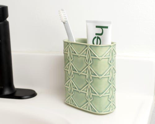 Patterned Tooth Brush Holder with Matte Jade Green Glaze | Toiletry in Storage by M.L. Pots