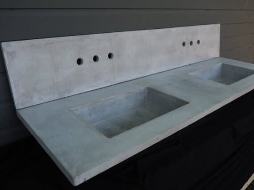 Concrete Double Vanity Top with Custom Backsplash - DoveGray | Furniture by Wood and Stone Designs
