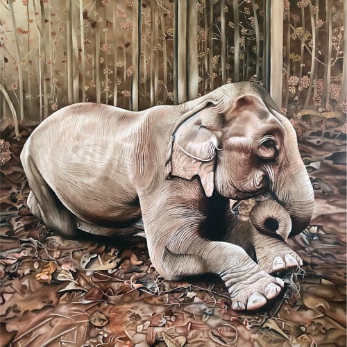Elephant Lying Down - oil painting | Oil And Acrylic Painting in Paintings by Melissa Patel