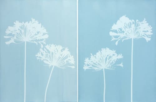 Misty Agapanthus Diptych: Two 24 x 18" original cyanotypes | Etching in Paintings by Christine So