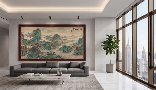 Hand-Painted Blue Green Landscape Song Dynasty Silk Art III | Oil And Acrylic Painting in Paintings by Dynasty Artisan