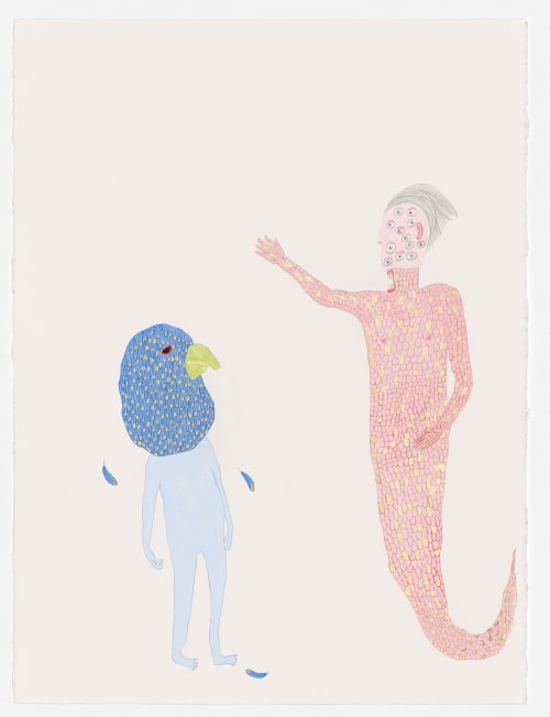 Merman and Budgie, watercolour, gouache, composition gold leaf, pencil on paper, 2019, 76 x 56cm | Paintings by Pip Ryan