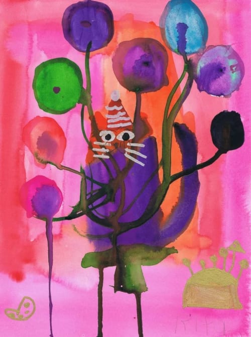 Party Cat - Original Watercolor | Paintings by Rita Winkler - "My Art, My Shop" (original watercolors by artist with Down syndrome)