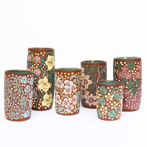 Hand Painted and Carved Cylindrical Flower Vases | Vases & Vessels by Tina Fossella Pottery