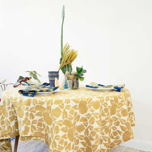 Yan - Mustard Blockprint Tablecloth | Linens & Bedding by ichcha