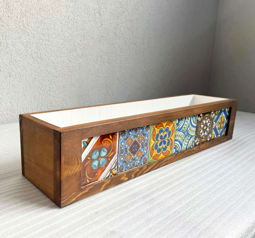 Wooden Planter with 6 Mexican Tiles, Indoor and Outdoor | Vases & Vessels by Halohope Design