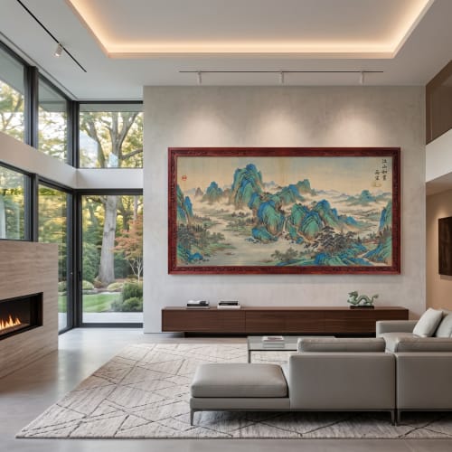 Hand-Painted Blue Green Landscape Song Dynasty Silk Art I | Oil And Acrylic Painting in Paintings by Dynasty Artisan