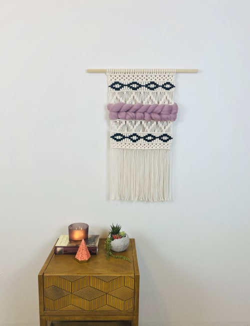 Black and White Macramé Wall Hanging with Chunky Purple Wool | Macrame Wall Hanging by Cosmic String Fiber Art