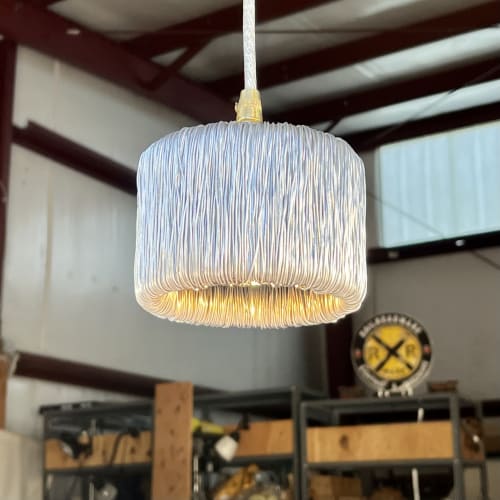 Cylinder mini shade is wrapped with reflective aluminum wire | Pendants by RailroadWare Lighting Hardware & Gifts
