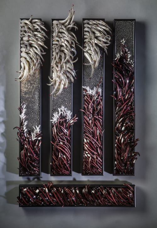 "Converge"- 5 panel glass wall cane sculpture | Glasswork in Wall Treatments by Shayna Leib