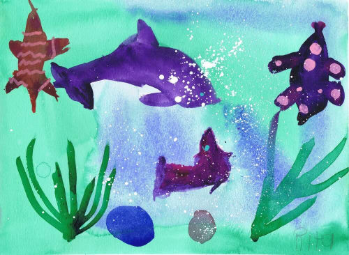 Baby Dolphin's First Swim - Original Watercolor | Paintings by Rita Winkler - "My Art, My Shop" (original watercolors by artist with Down syndrome)