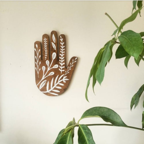 Hamsa wall decor, botanical wood wall art | Wall Sculpture in Wall Hangings by Studio Wildflower