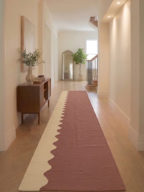 Handwoven Rose & Ivory Woolen Runner Rug | Rugs by Evergreen Carpets