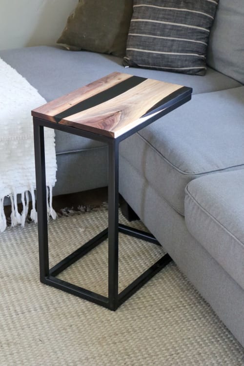 Black Epoxy Live edge walnut c table, industrial side table | End Table in Tables by Hazel Oak Farms | Amana Colonies in Amana