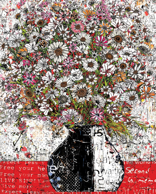 Red, Black and White Graffiti Flowers | Mixed Media by Daryl Thetford
