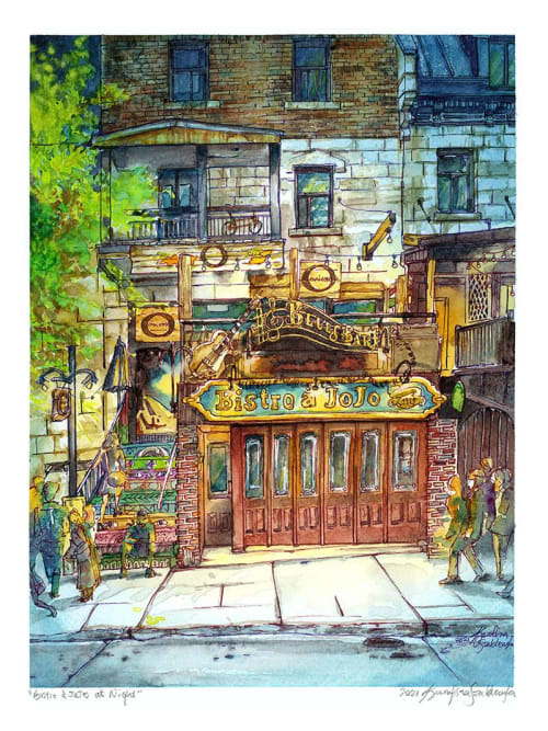 Bistro Jojo at Night, Watercolor Painting Original | Paintings by artKarolina