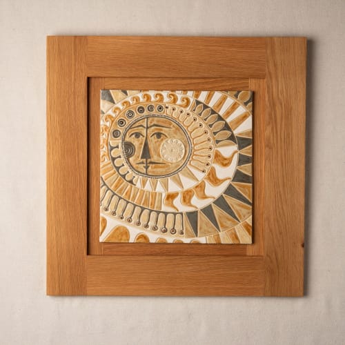 Mayan Sun in White Oak Frame No. 2 | Mosaic in Art & Wall Decor by Clare and Romy Studio