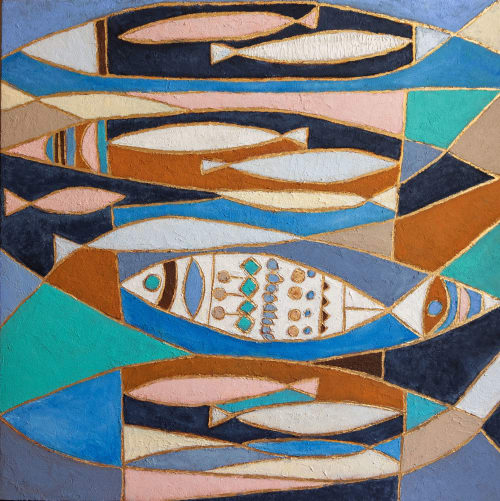 Fish Mid century modern painting geometric wall art | Oil And Acrylic Painting in Paintings by Berezart
