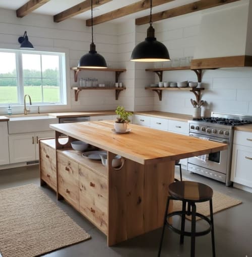 Solid wood kitchen island with drawers and live-edge top | Cabinet in Storage by Frankstein Tables