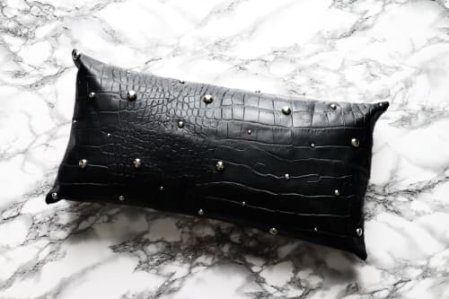 Petite Black Embossed Leather Pillow Cover - Chrome Pearls | Pillows by Metal Mingle Studio
