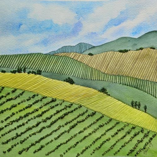 Fields in Thread- Hand-embroidered Watercolor. | Watercolor Painting in Paintings by Laila Vazquez