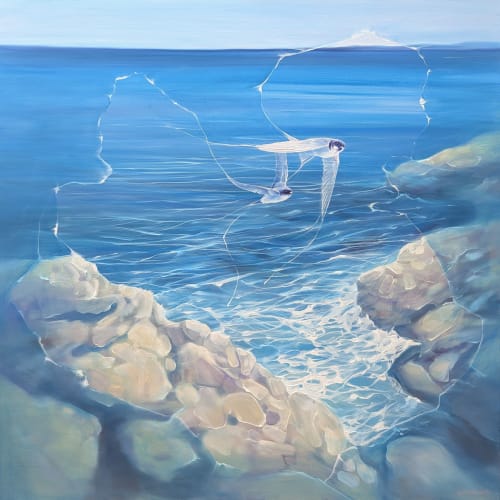 Enchanted, a blue seascape with birds | Oil And Acrylic Painting in Paintings by Gill Bustamante