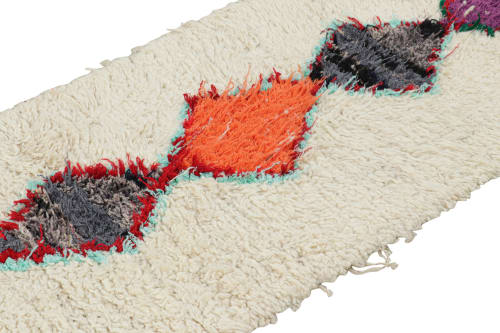Vintage Moroccan Runner Rug in White with Multicolor Lozenge | Area Rug in Rugs by Rug and Kilim
